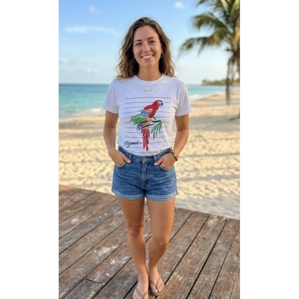 Red Macaw T-Shirt Women Size Large Top Short Sleeve Single Stitch 1980s FLAW